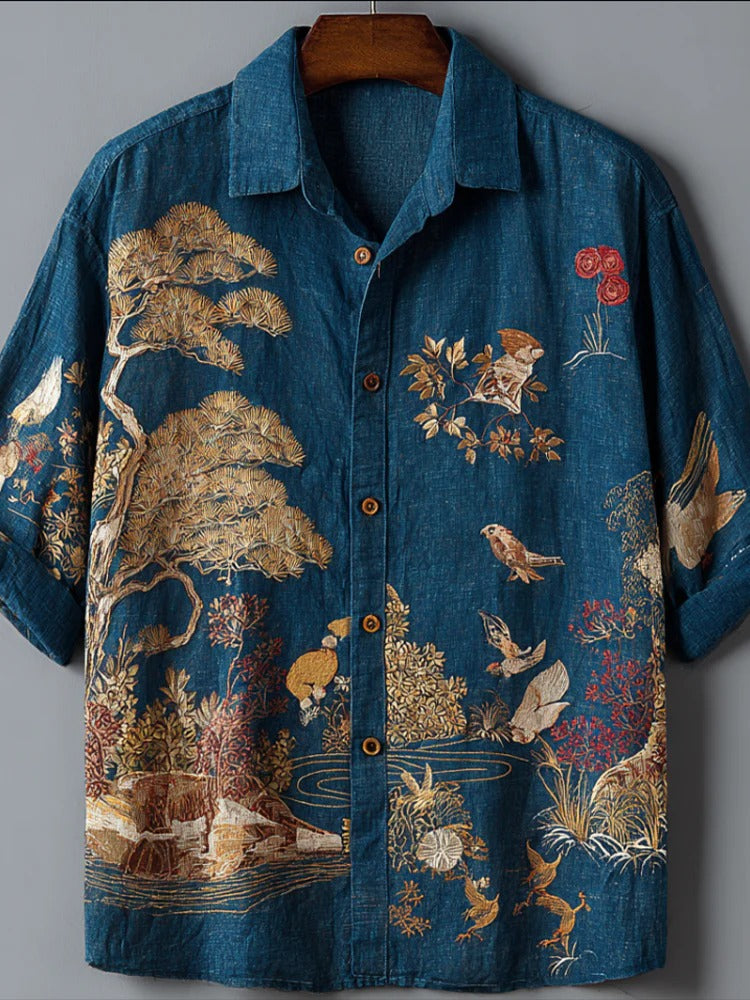 Vintage Japanese Garden Embroidered Shirt – Teal Short Sleeve Button-Up for Men