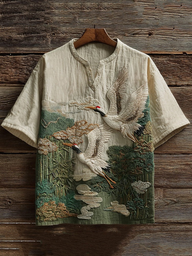 Japanese Crane Bamboo Art Shirt – Vintage Nature Inspired Oversized Top