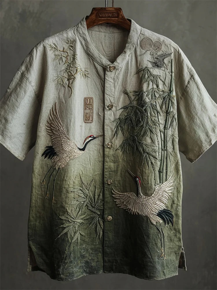 Bamboo Crane Embroidered Shirt – Vintage Green Mandarin Collar Short Sleeve Button-Up