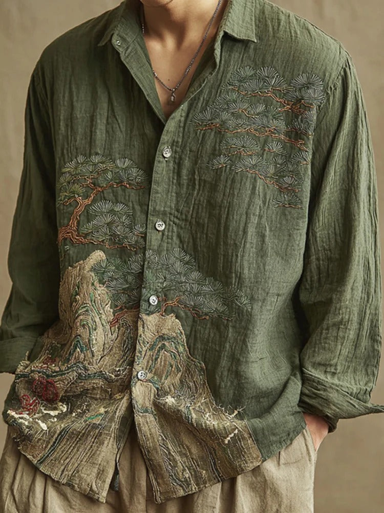 Emerald Peaks Linen Shirt – Embroidered Landscape Button-Up