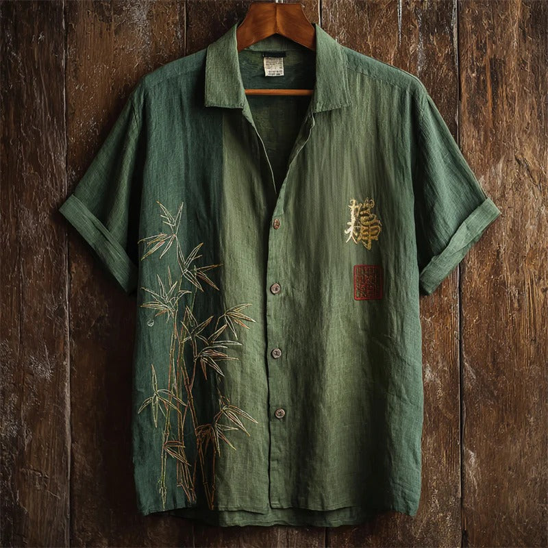 Minimalist Bamboo Embroidered Shirt – Forest Green Short Sleeve Linen Button-Up for Men