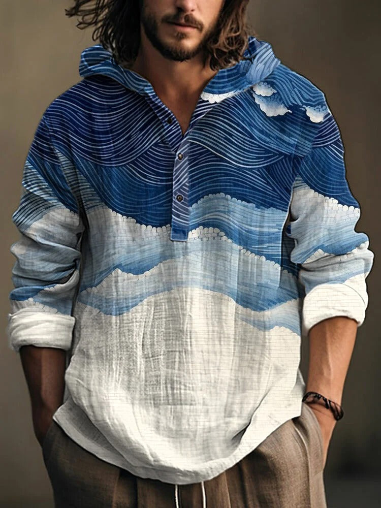Coastal Wave Hooded Linen Shirt – Blue & Ivory Long Sleeve Pullover for Men