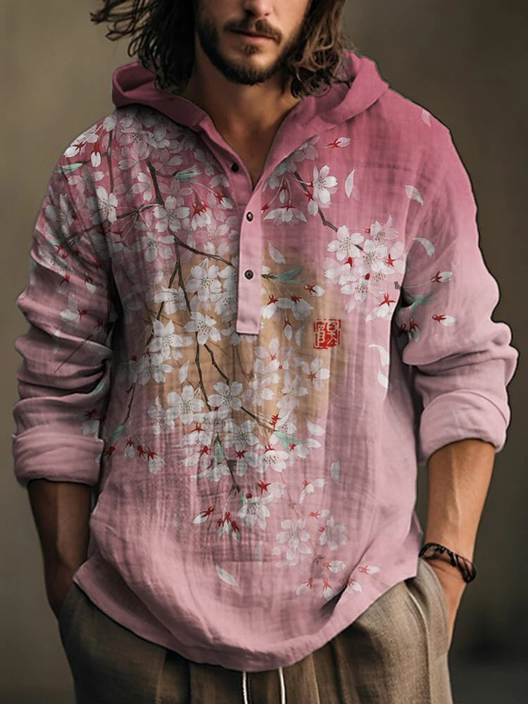 Blush Cherry Blossom Hooded Shirt – Floral Long Sleeve Pullover for Men