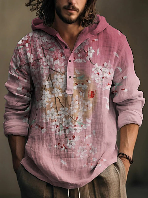 Blush Cherry Blossom Hooded Shirt – Floral Long Sleeve Pullover for Men