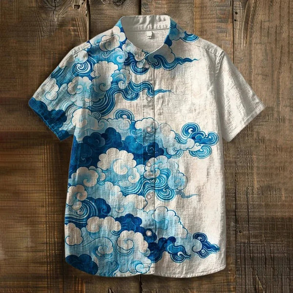 Blue Cloud Print Mandarin Collar Shirt – Japanese Inspired Short Sleeve Button-Up for Men