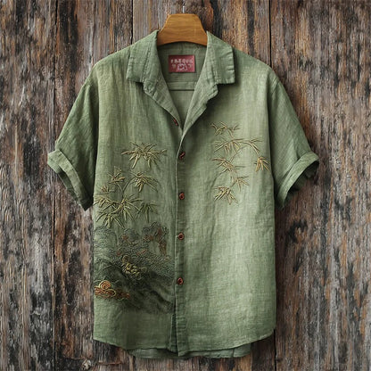 Sage Green Bamboo Landscape Embroidered Shirt – Vintage Short Sleeve Button-Up for Men