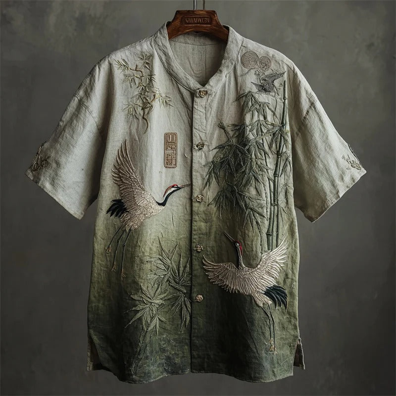 Bamboo Crane Embroidered Shirt – Vintage Green Mandarin Collar Short Sleeve Button-Up