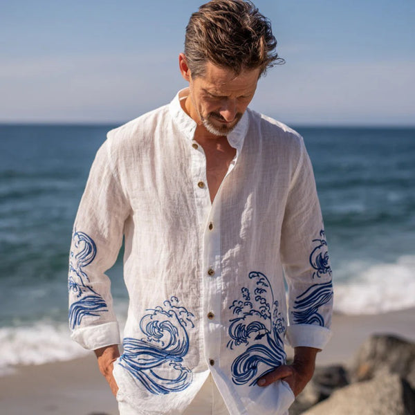 White Ocean Wave Linen Shirt – Mandarin Collar Long Sleeve for Men
