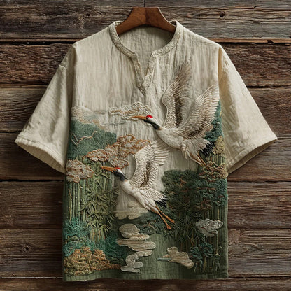 Japanese Crane Bamboo Art Shirt – Vintage Nature Inspired Oversized Top