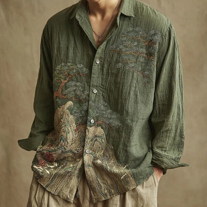 Emerald Peaks Linen Shirt – Embroidered Landscape Button-Up