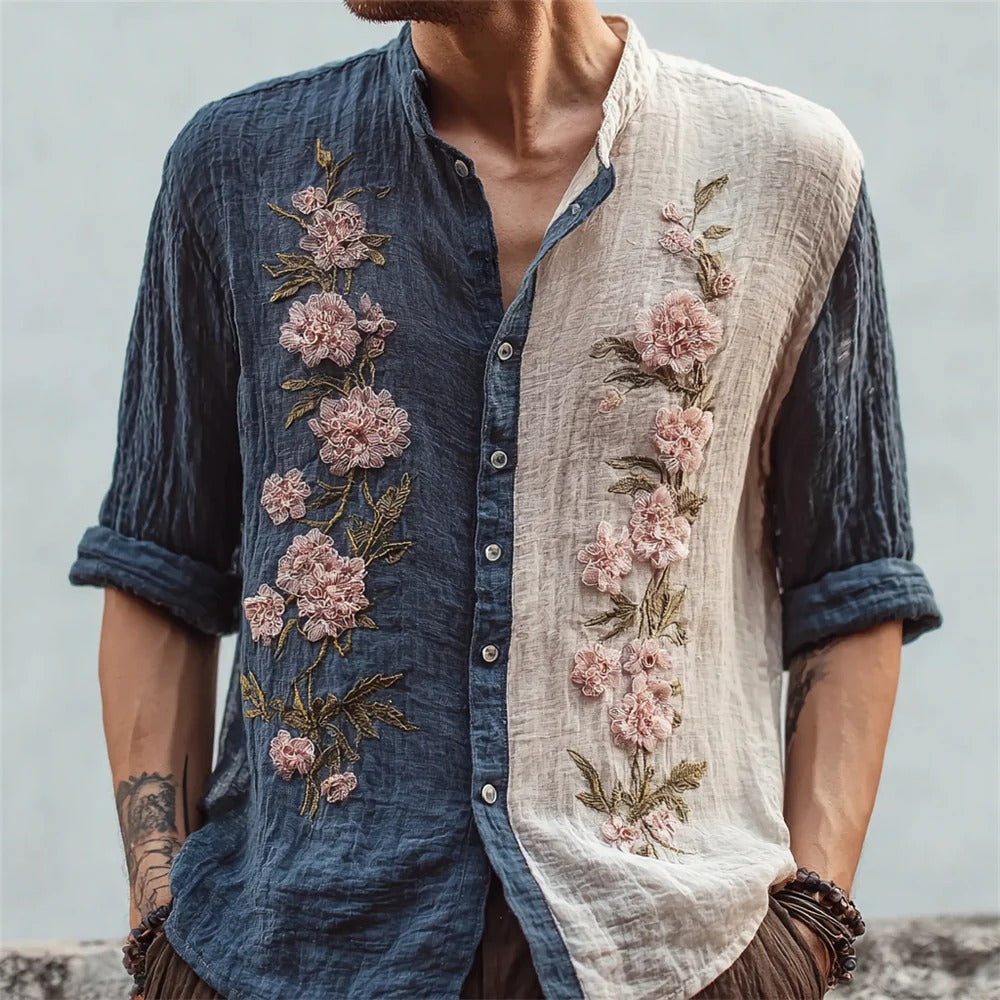 Dual Tone Bloom Linen Shirt – Embroidered Split Color Button-Up