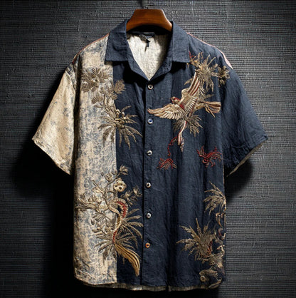 Dual Tone Japanese Crane Embroidered Shirt – Black & Vintage Beige Short Sleeve Button-Up