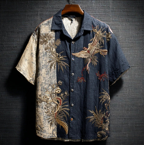 Dual Tone Japanese Crane Embroidered Shirt – Black & Vintage Beige Short Sleeve Button-Up