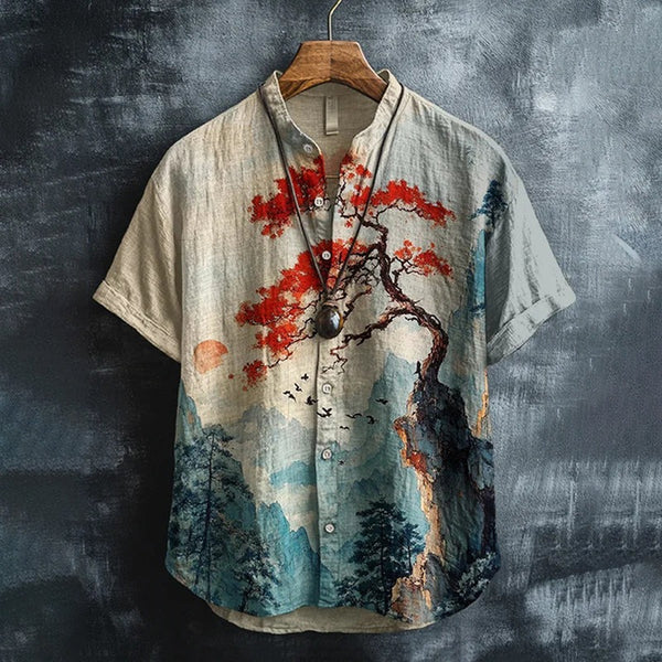 Japanese Mountain Landscape Shirt – Red Maple Art Mandarin Collar Short Sleeve for Men