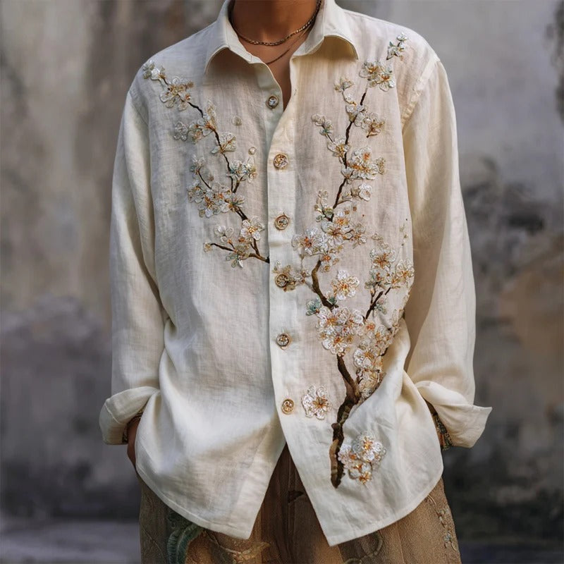 Ivory Blossom Embroidered Linen Shirt – Premium Long Sleeve Button-Up for Men