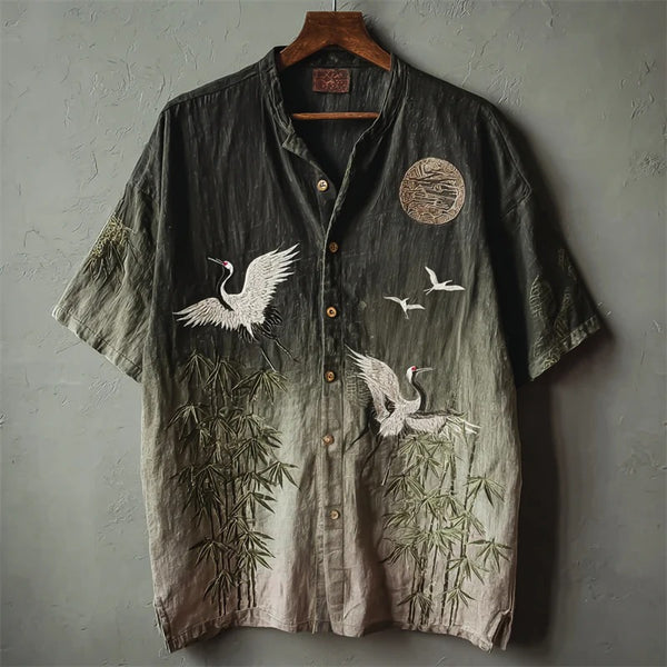Vintage Gradient Crane & Bamboo Shirt – Mandarin Collar Short Sleeve Button-Up for Men