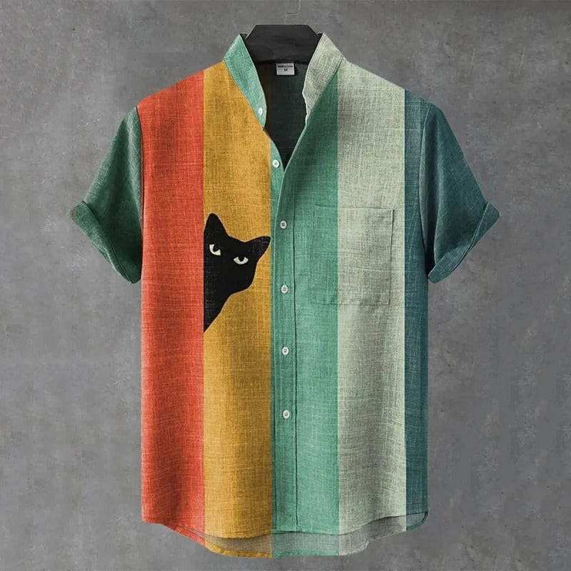 Retro Striped Cat Print Shirt – Color Block Short Sleeve Button-Up for Men