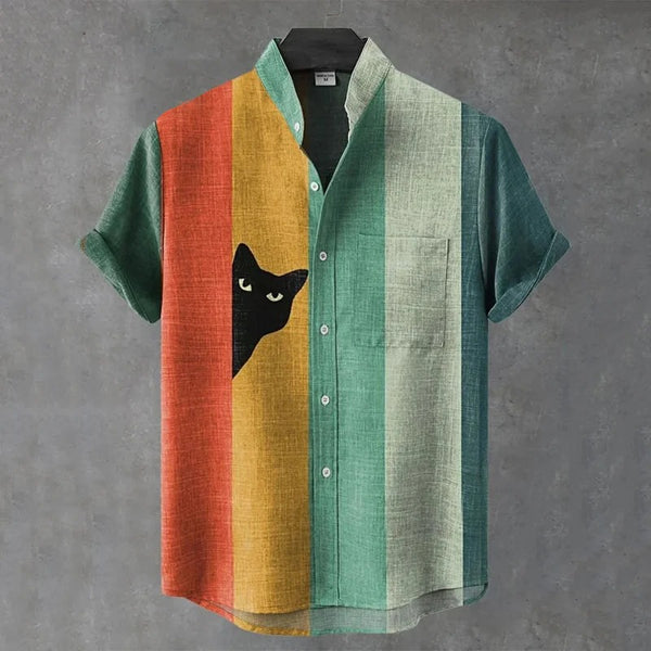 Retro Striped Cat Print Shirt – Color Block Short Sleeve Button-Up for Men