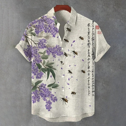 Lavender Blossom & Bee Print Shirt – Japanese Calligraphy Short Sleeve Button-Up for Men