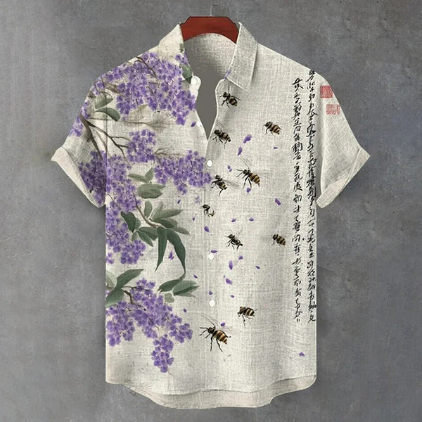 Lavender Blossom & Bee Print Shirt – Japanese Calligraphy Short Sleeve Button-Up for Men