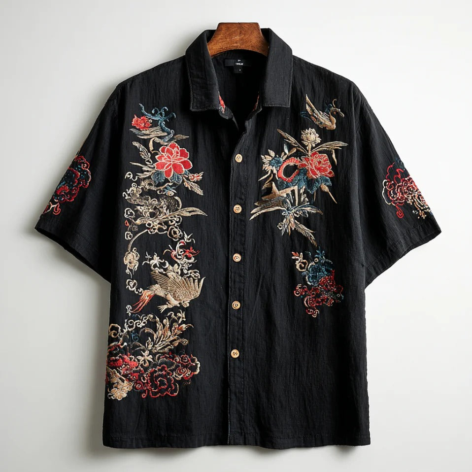 Black Floral & Crane Embroidered Shirt – Japanese Art Short Sleeve Button-Up for Men