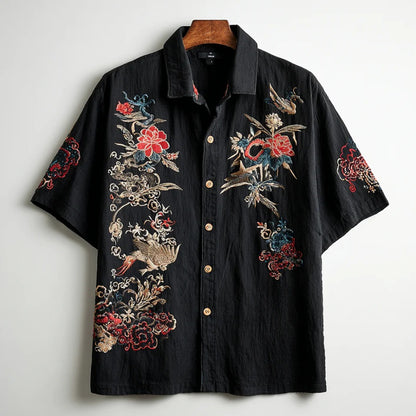 Black Floral & Crane Embroidered Shirt – Japanese Art Short Sleeve Button-Up for Men