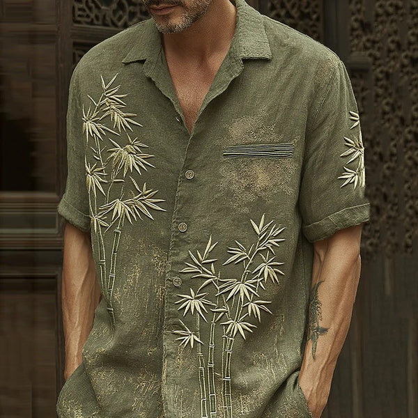 Olive Bamboo Embroidered Shirt – Vintage Washed Short Sleeve Button-Up for Men