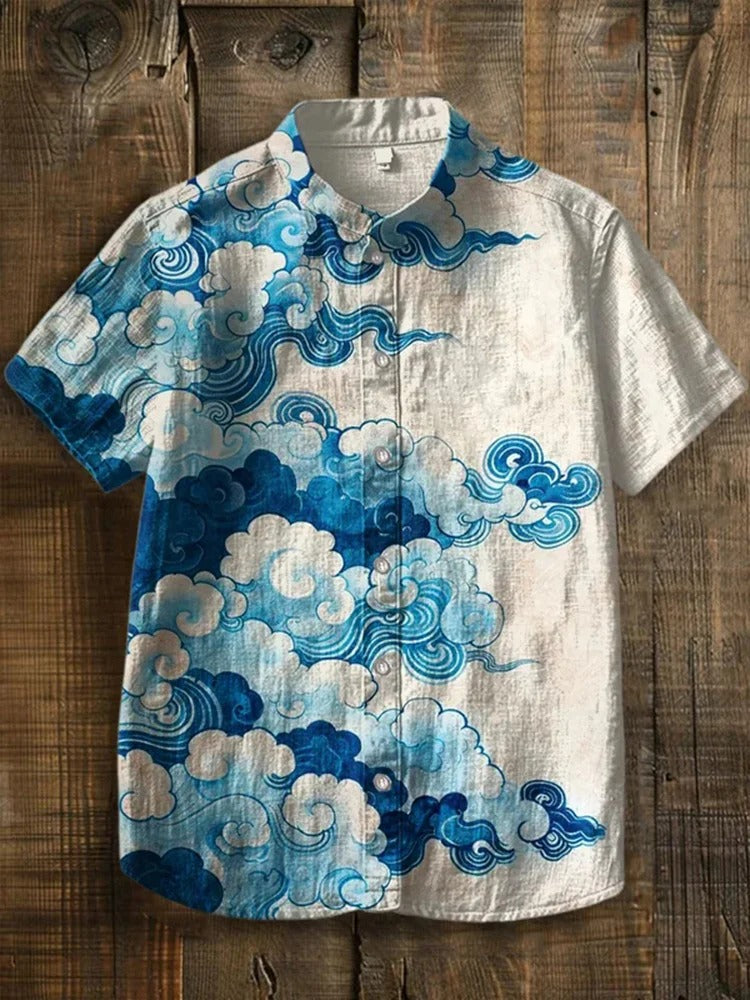Blue Cloud Print Mandarin Collar Shirt – Japanese Inspired Short Sleeve Button-Up for Men