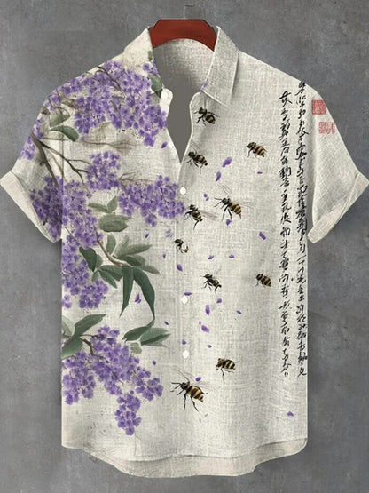Lavender Blossom & Bee Print Shirt – Japanese Calligraphy Short Sleeve Button-Up for Men