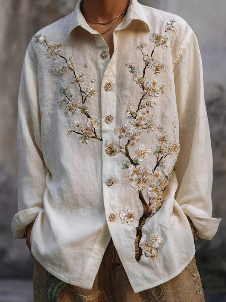 Ivory Blossom Embroidered Linen Shirt – Premium Long Sleeve Button-Up for Men