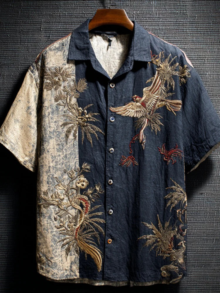 Dual Tone Japanese Crane Embroidered Shirt – Black & Vintage Beige Short Sleeve Button-Up