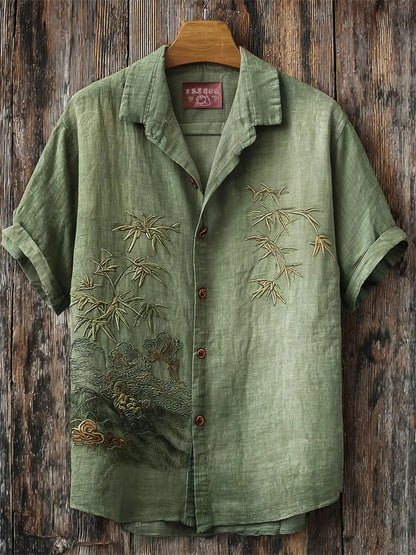 Sage Green Bamboo Landscape Embroidered Shirt – Vintage Short Sleeve Button-Up for Men