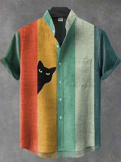 Retro Striped Cat Print Shirt – Color Block Short Sleeve Button-Up for Men