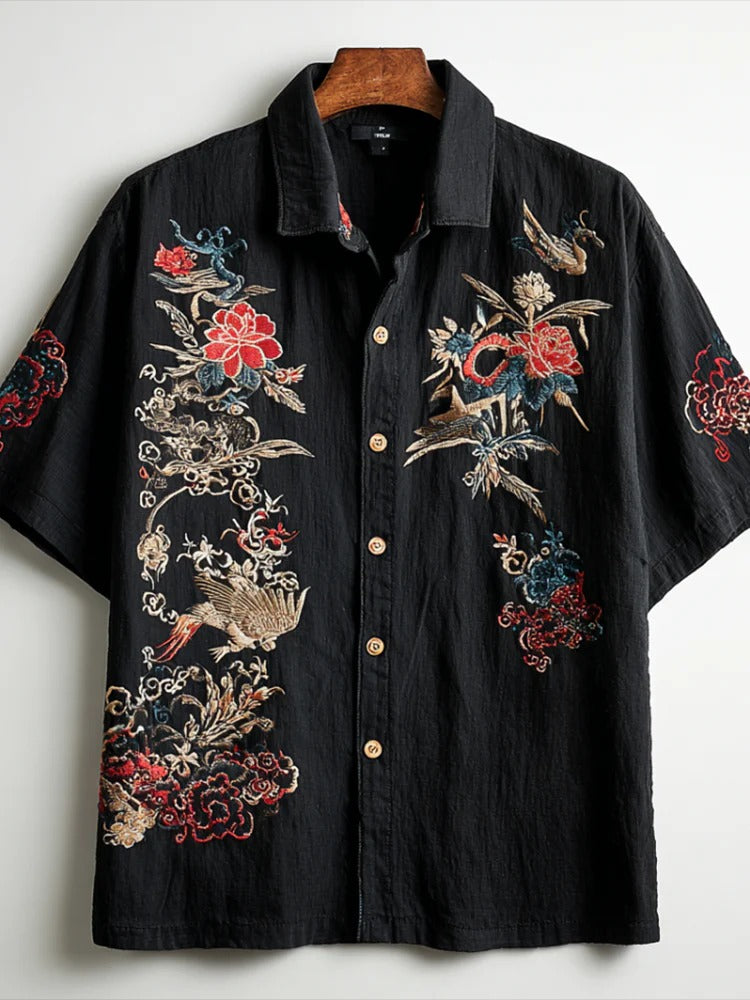 Black Floral & Crane Embroidered Shirt – Japanese Art Short Sleeve Button-Up for Men