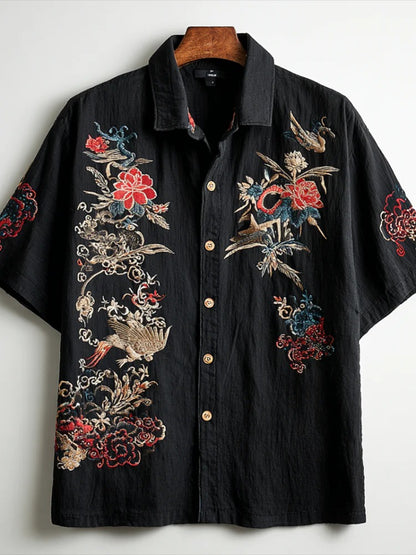 Black Floral & Crane Embroidered Shirt – Japanese Art Short Sleeve Button-Up for Men