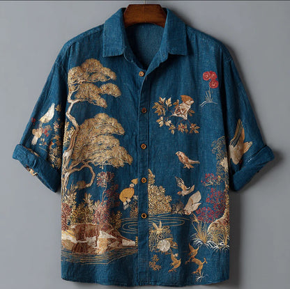 Vintage Japanese Garden Embroidered Shirt – Teal Short Sleeve Button-Up for Men
