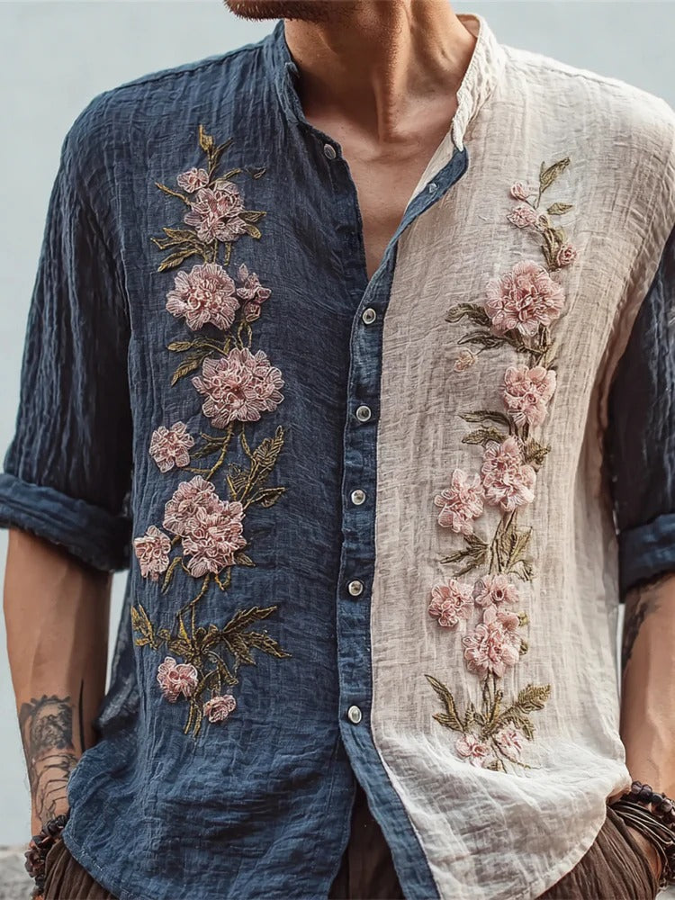 Dual Tone Bloom Linen Shirt – Embroidered Split Color Button-Up