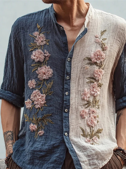 Dual Tone Bloom Linen Shirt – Embroidered Split Color Button-Up
